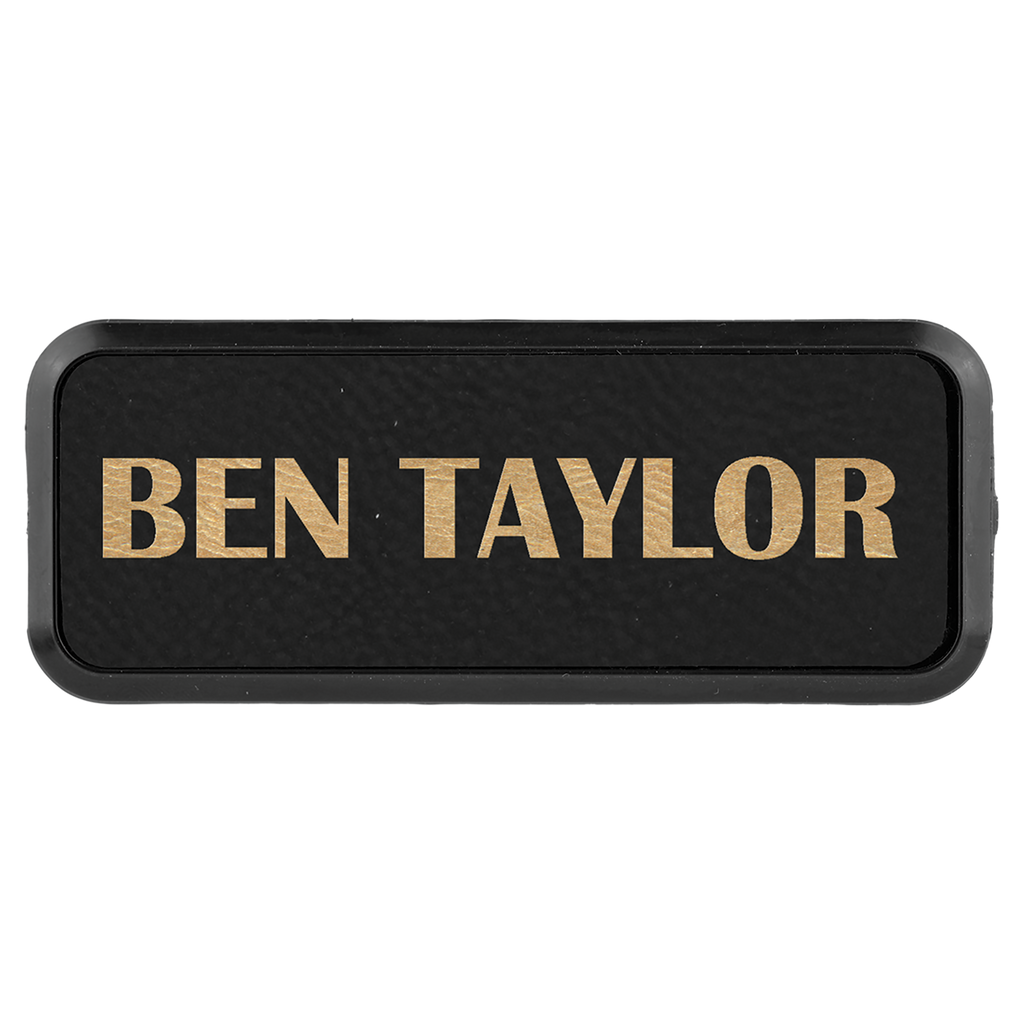 Black & Gold Leatherette Round Corner Name Badge with Plastic Frame