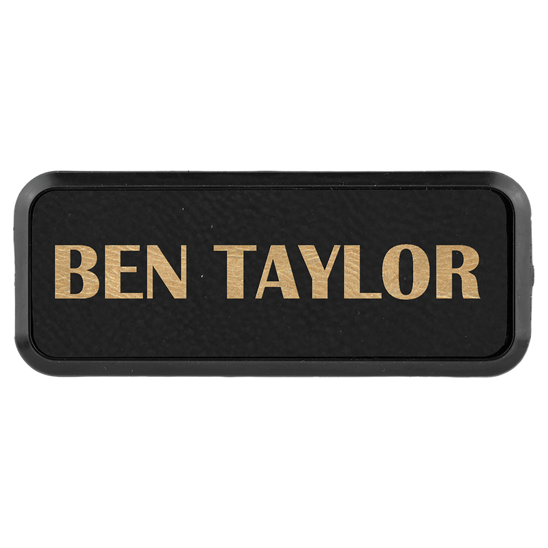 Black & Gold Leatherette Round Corner Name Badge with Plastic Frame