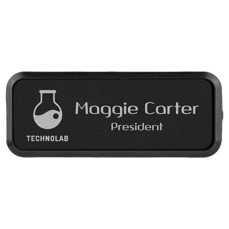 Black & Silver Leatherette Round Corner Name Badge with Plastic Frame