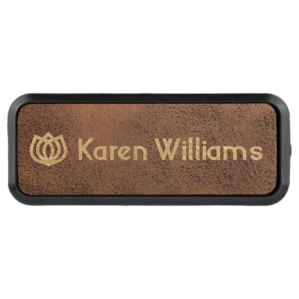 Rustic & Gold Leatherette Round Corner Name Badge with Plastic Frame