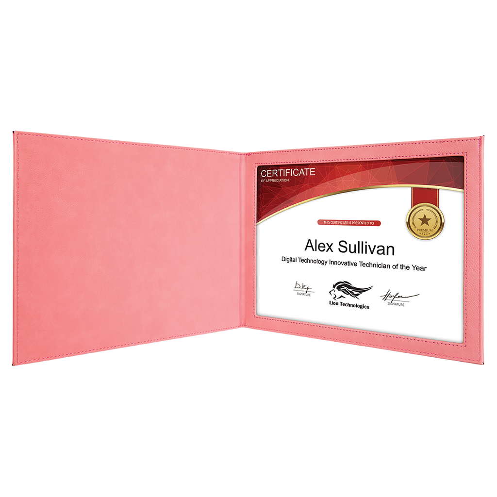 Pink Leatherette Holder or 8 1/2" x 11" Certificate