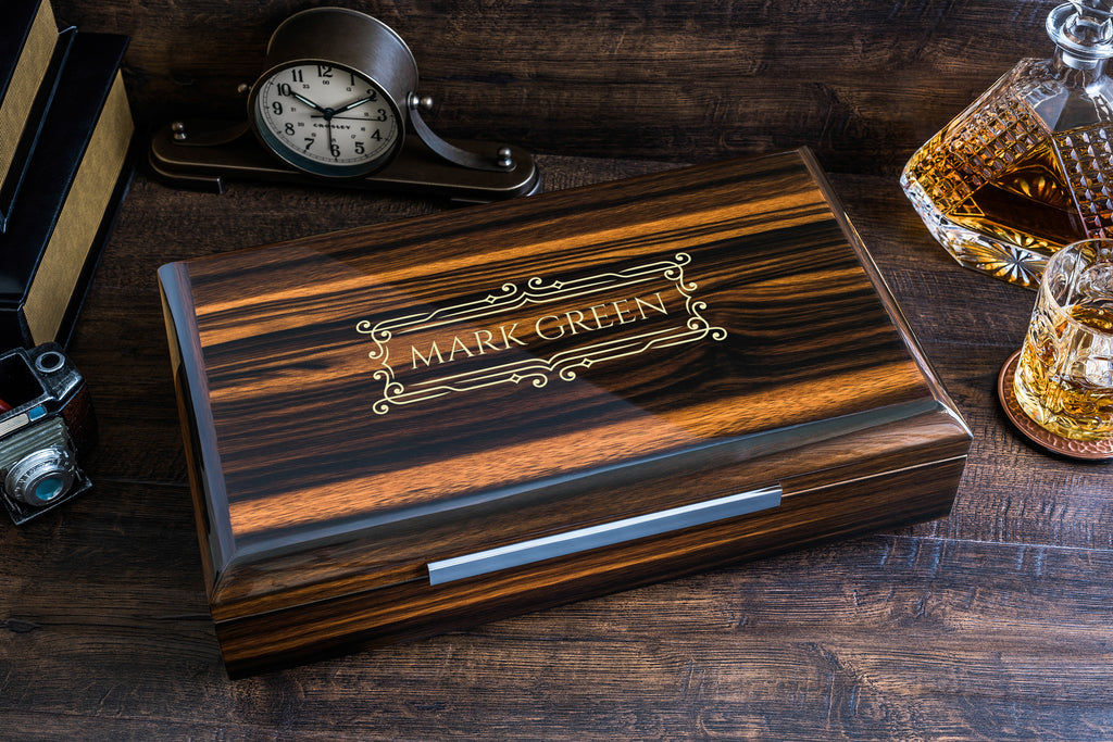 Impressive Cigar Humidor Box with Accessories, High Quality Lacquer Ebony Finish