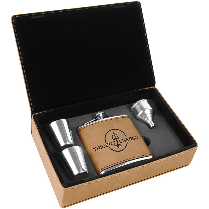 6 oz. Light Brown Leatherette Flask Gift Box Set