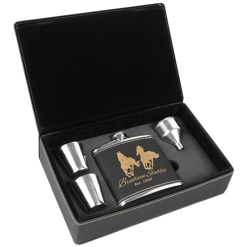 6 oz. Black & Gold Leatherette Flask Gift Box Set