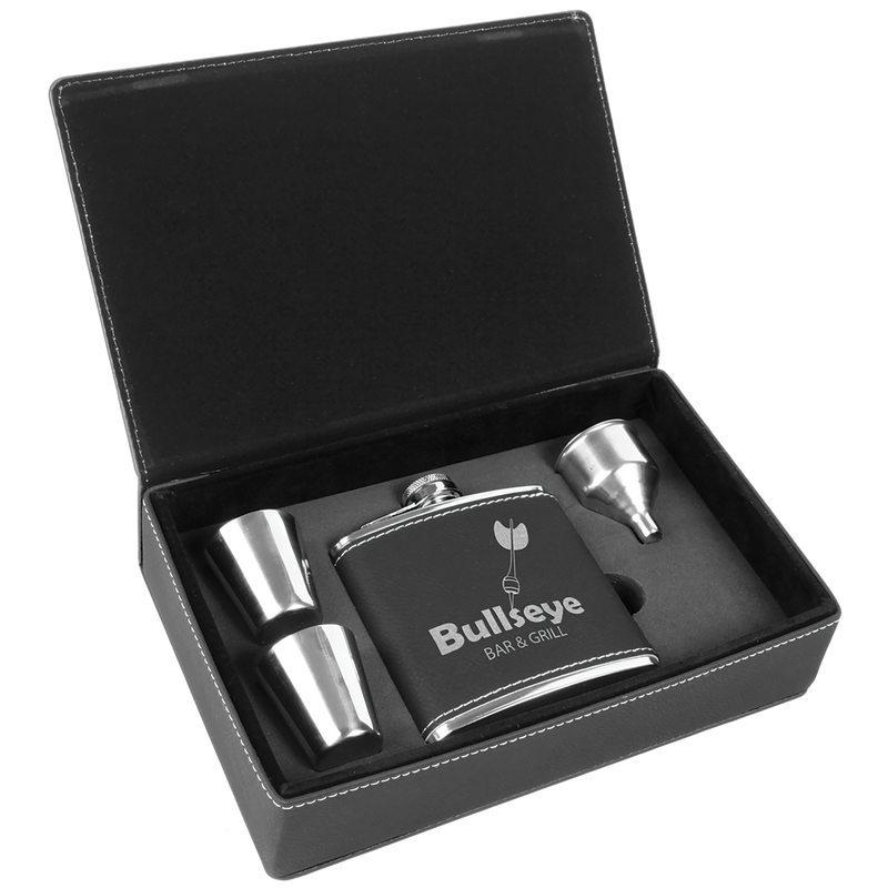 6 oz. Black & Silver Leatherette Flask Gift Box Set