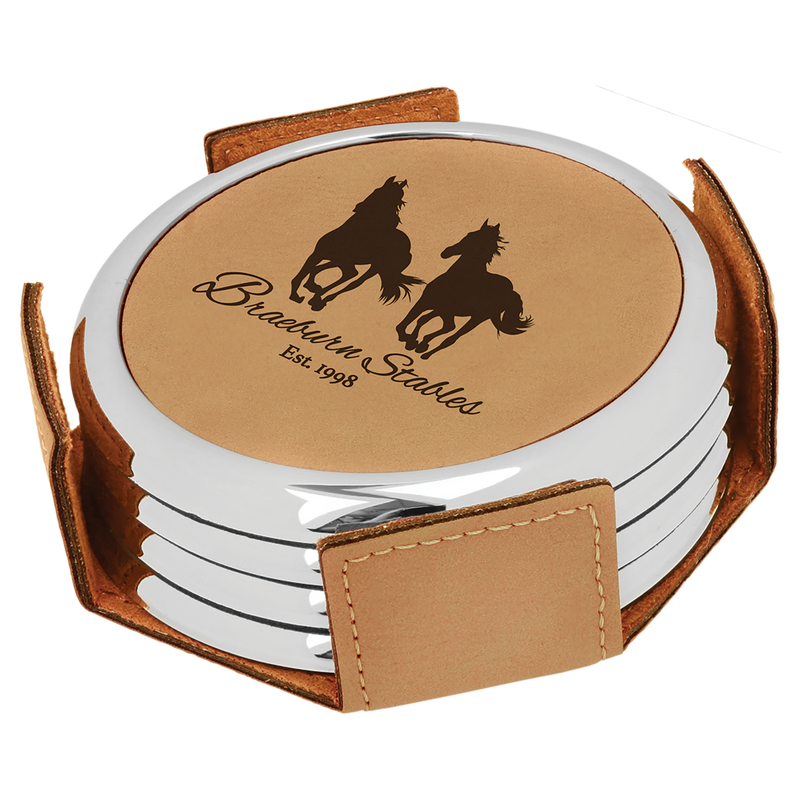 Light Brown Leatherette Round 4-Coaster Set with Silver Edge
