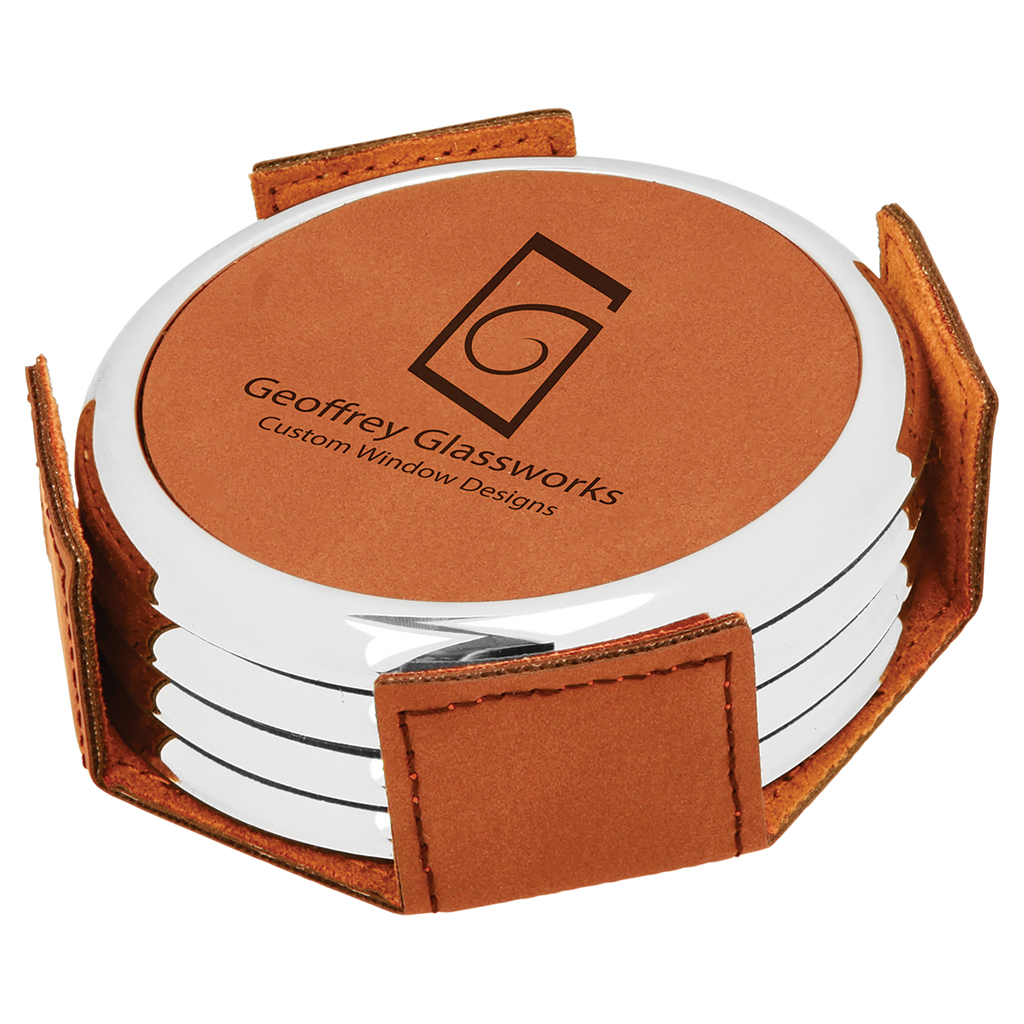 Rawhide Leatherette Round 4-Coaster Set with Silver Edge