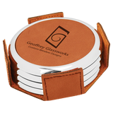Rawhide Leatherette Round 4-Coaster Set with Silver Edge