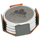 Gray Leatherette Round 4-Coaster Set with Silver Edge