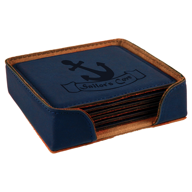 Blue Leatherette Square 6-Coaster Set