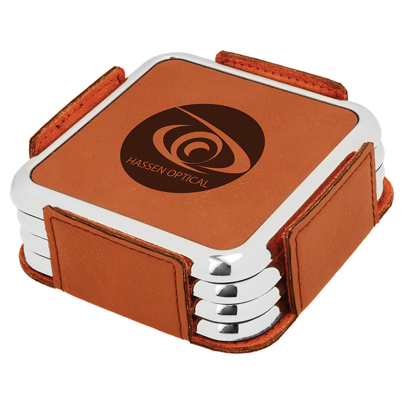 Rawhiden Leatherette Square 4-Coaster Set with Silver Edge