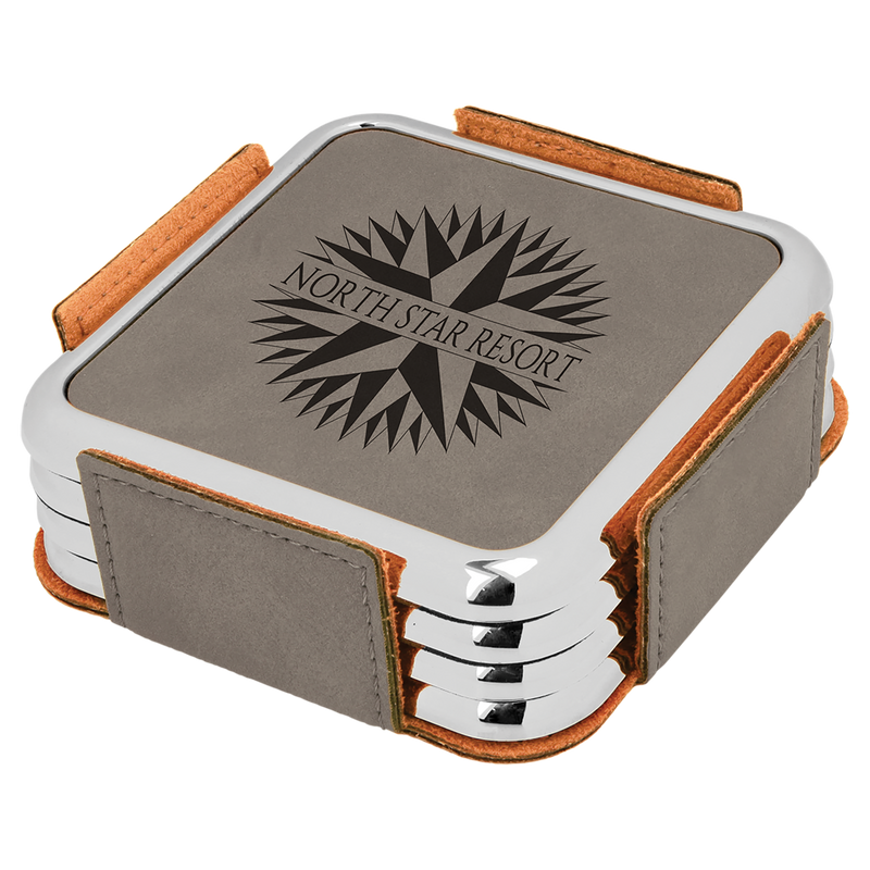 Gray Leatherette Square 4-Coaster Set with Silver Edge