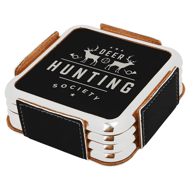 Black & Silver Leatherette Square 4-Coaster Set with Silver Edge