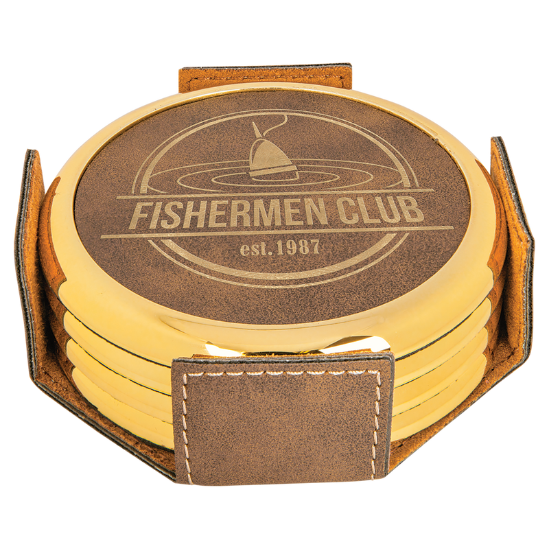 Rustic & Gold Leatherette Round 4-Coaster Set with Silver Edge