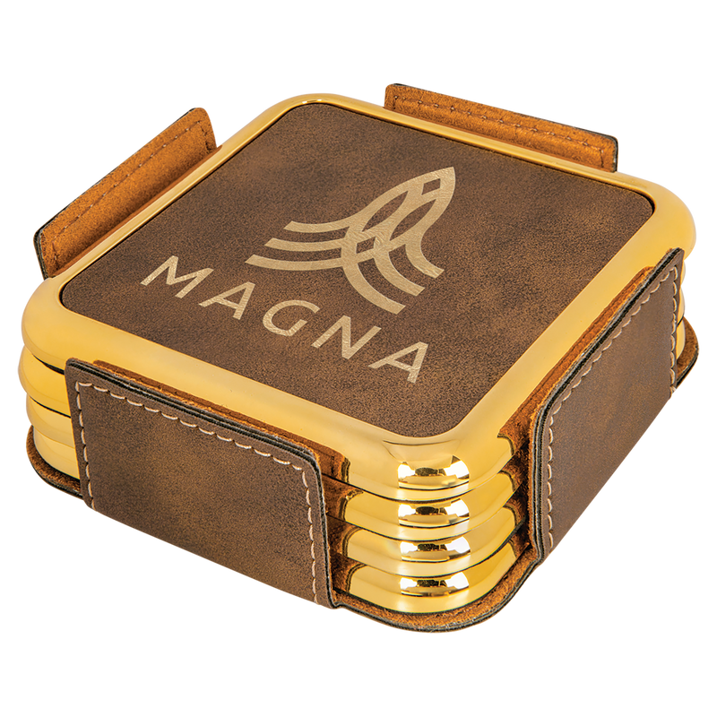 Rustic & Gold Leatherette Square 4-Coaster Set with Silver Edge