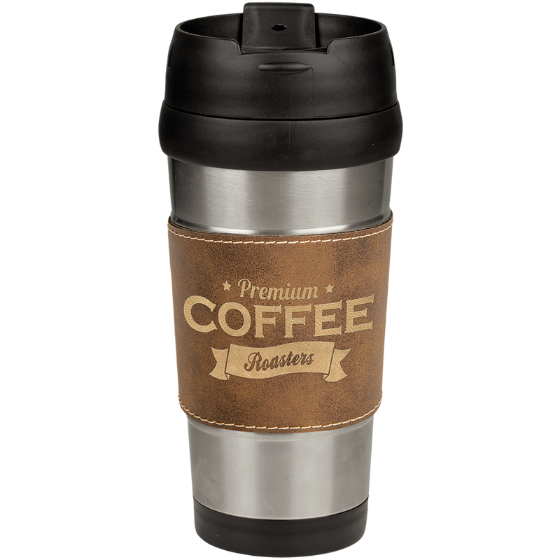16 oz. Stainless Steel Travel Mug with Rustic & Gold Leatherette Grip