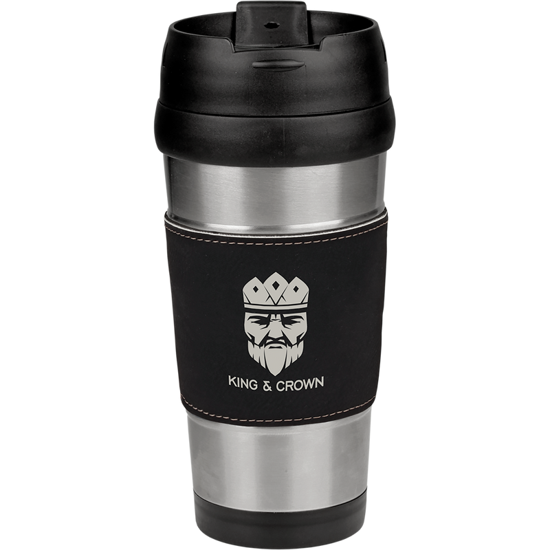 16 oz. Stainless Steel Travel Mug with Black & Silver Leatherette Grip