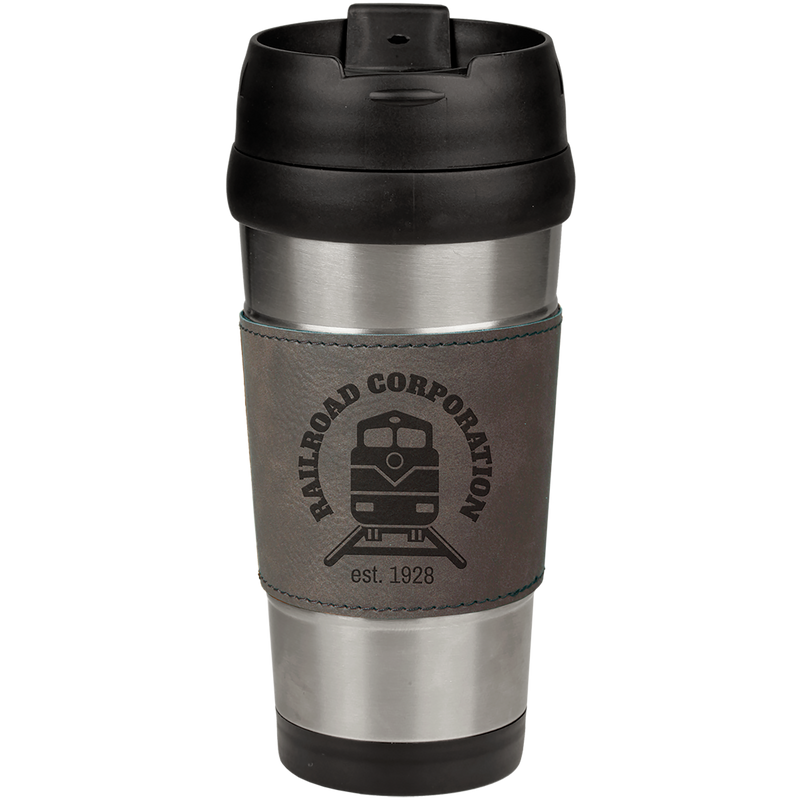 16 oz. Stainless Steel Travel Mug with Gray Leatherette Grip