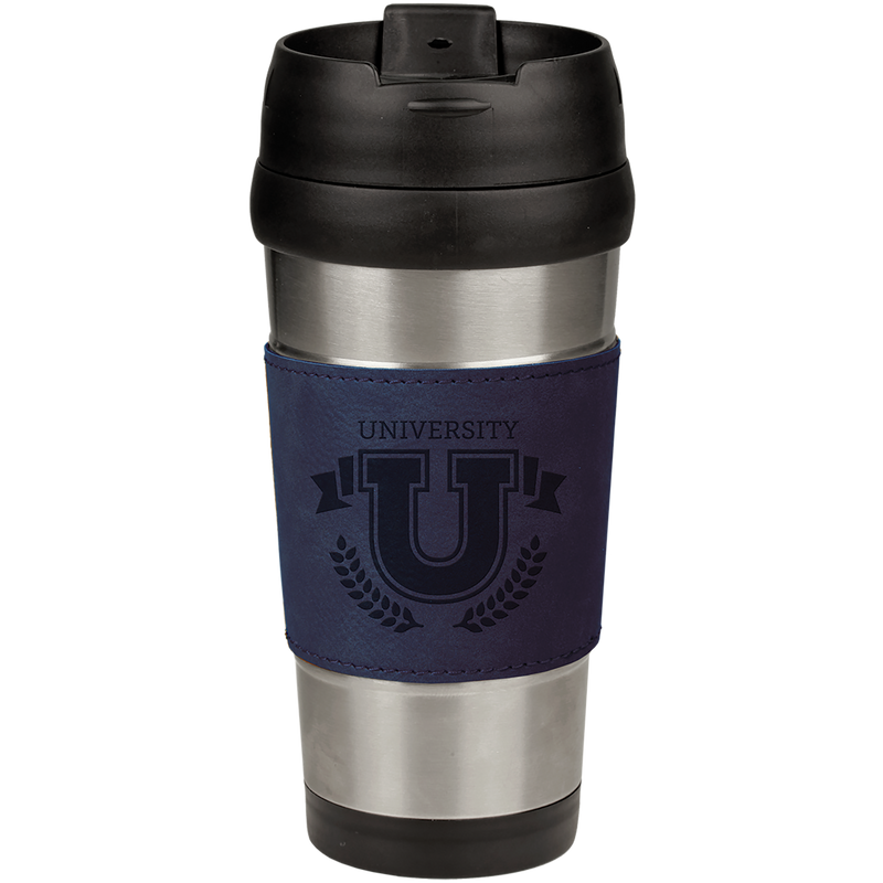 16 oz. Stainless Steel Travel Mug with Blue Leatherette Grip
