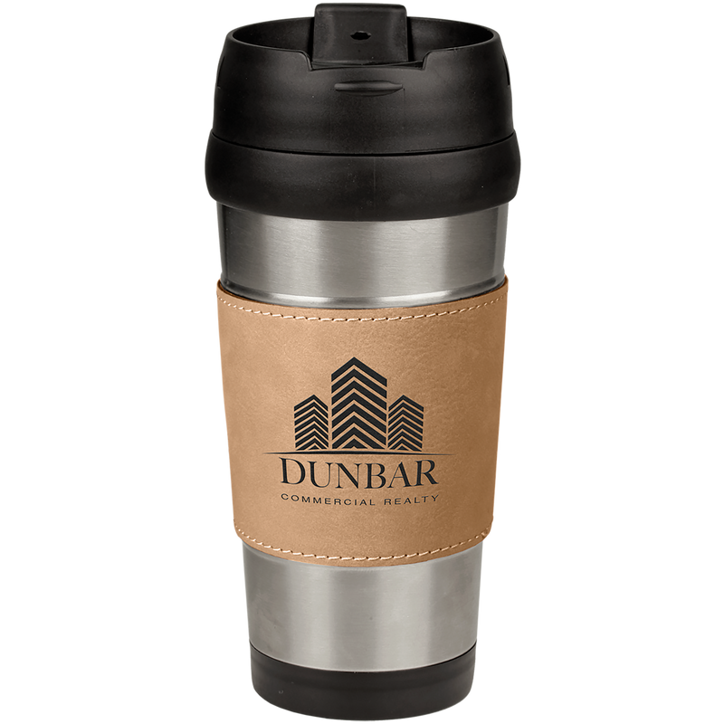 16 oz. Stainless Steel Travel Mug with Light Brown Leatherette Grip