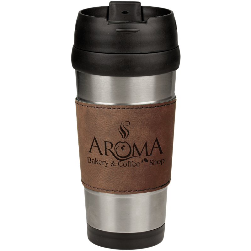 16 oz. Stainless Steel Travel Mug with Dark Brown Leatherette Grip