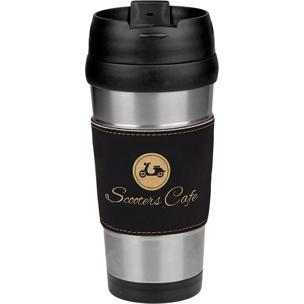 16 oz. Stainless Steel Travel Mug with Black & Gold Leatherette Grip