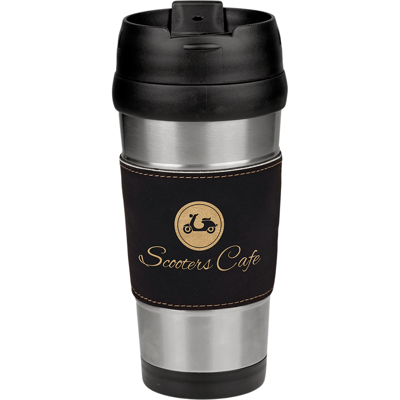 16 oz. Stainless Steel Travel Mug with Black & Gold Leatherette Grip