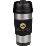16 oz. Stainless Steel Travel Mug with Black & Gold Leatherette Grip