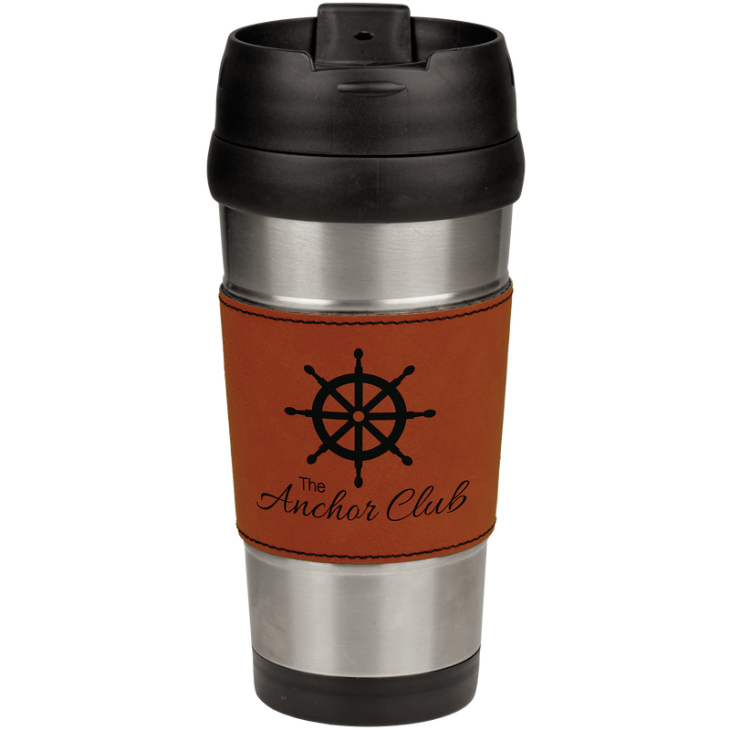 16 oz. Stainless Steel Travel Mug with Rawhide Leatherette Grip