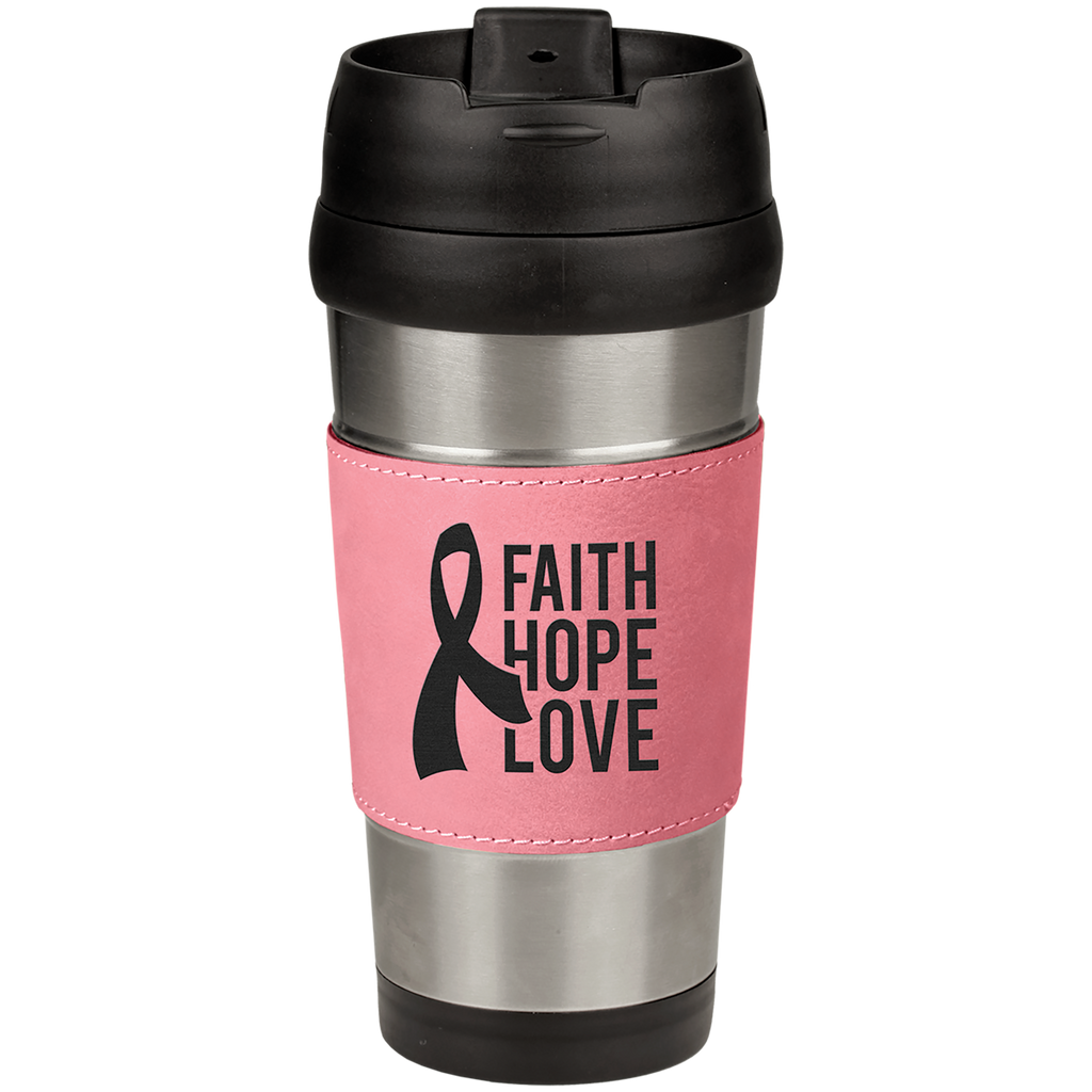 16 oz. Stainless Steel Travel Mug with Pink Leatherette Grip