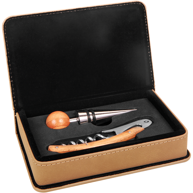 Light Brown Leatherette 2-Piece Wine Tool Set