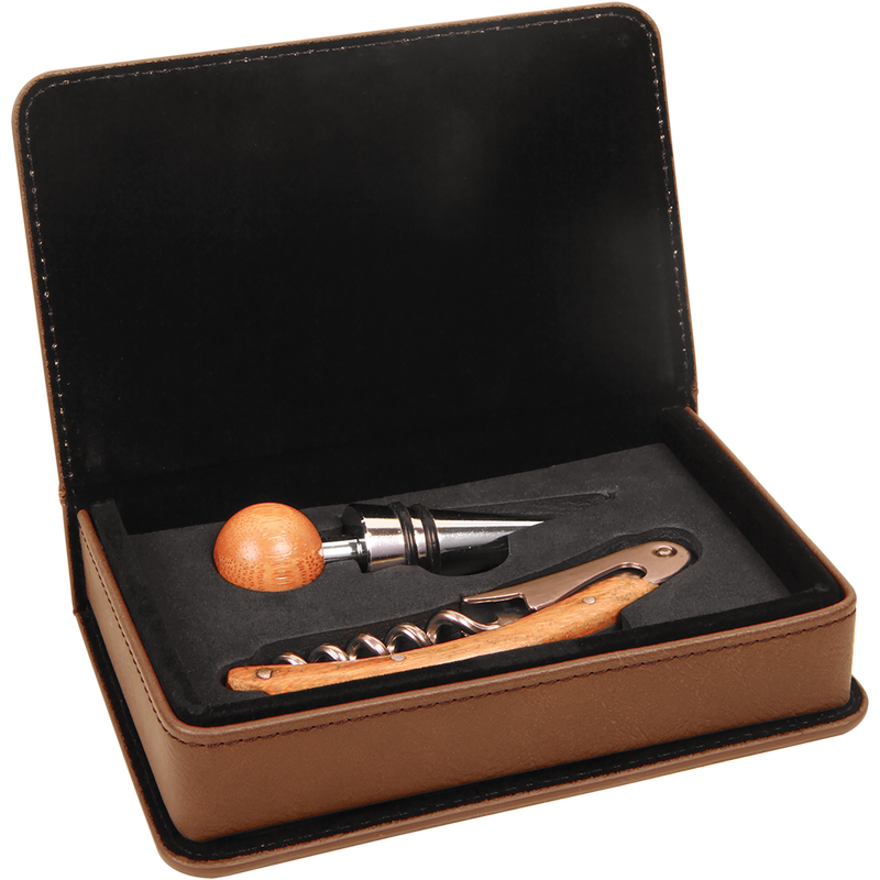 Dark Brown Leatherette 2-Piece Wine Tool Set