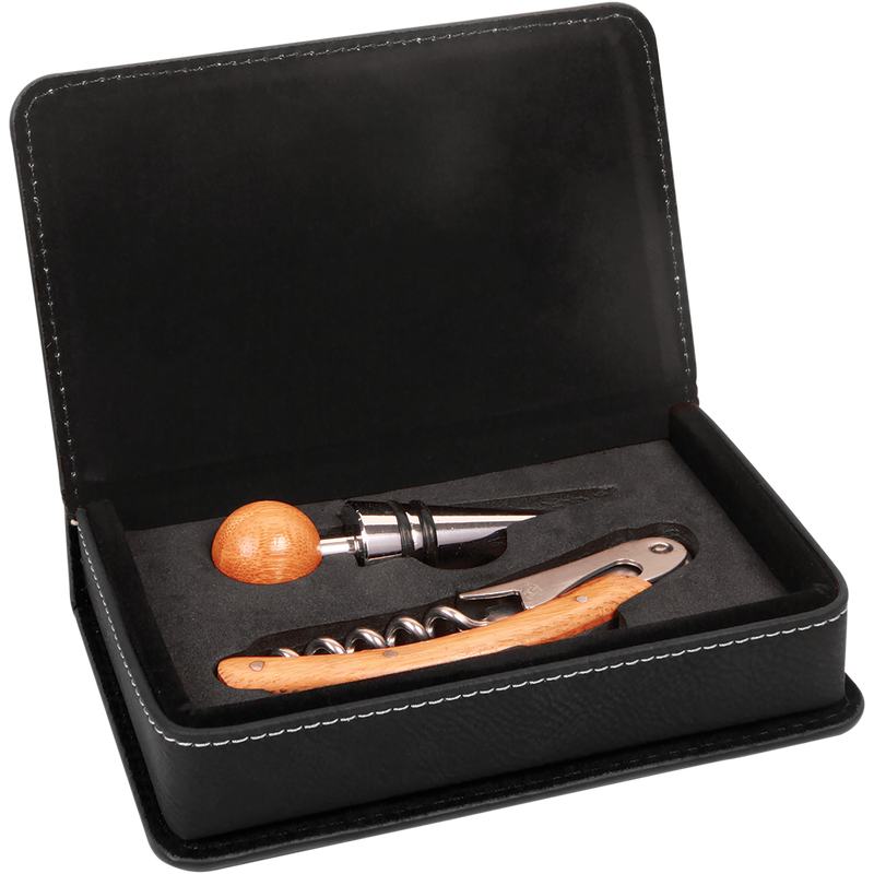 Black & Gold Leatherette 2-Piece Wine Tool Set
