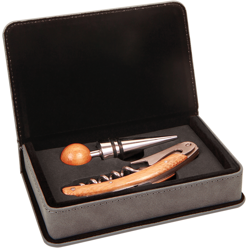 Gray Leatherette 2-Piece Wine Tool Set