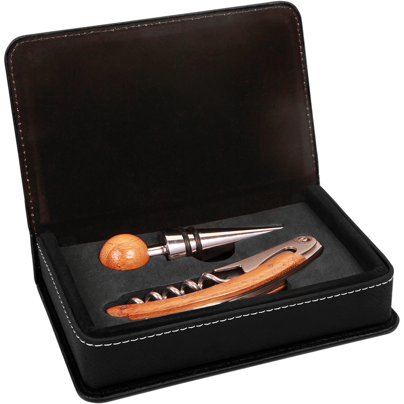 Black & Silver Leatherette 2-Piece Wine Tool Set