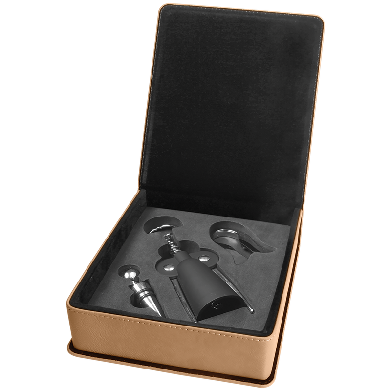 Light Brown Leatherette 3-Piece Wine Tool Set