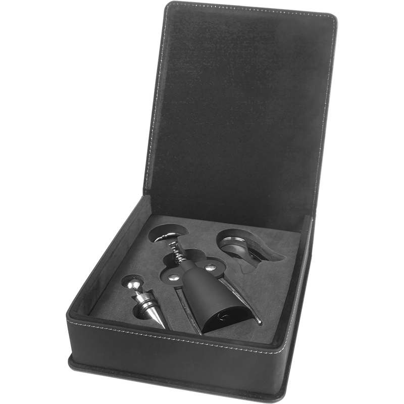 Black & Gold Leatherette 3-Piece Wine Tool Set