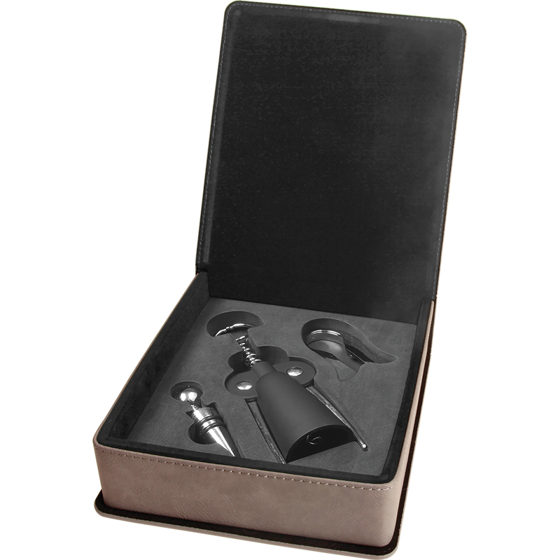 Gray Leatherette 3-Piece Wine Tool Set