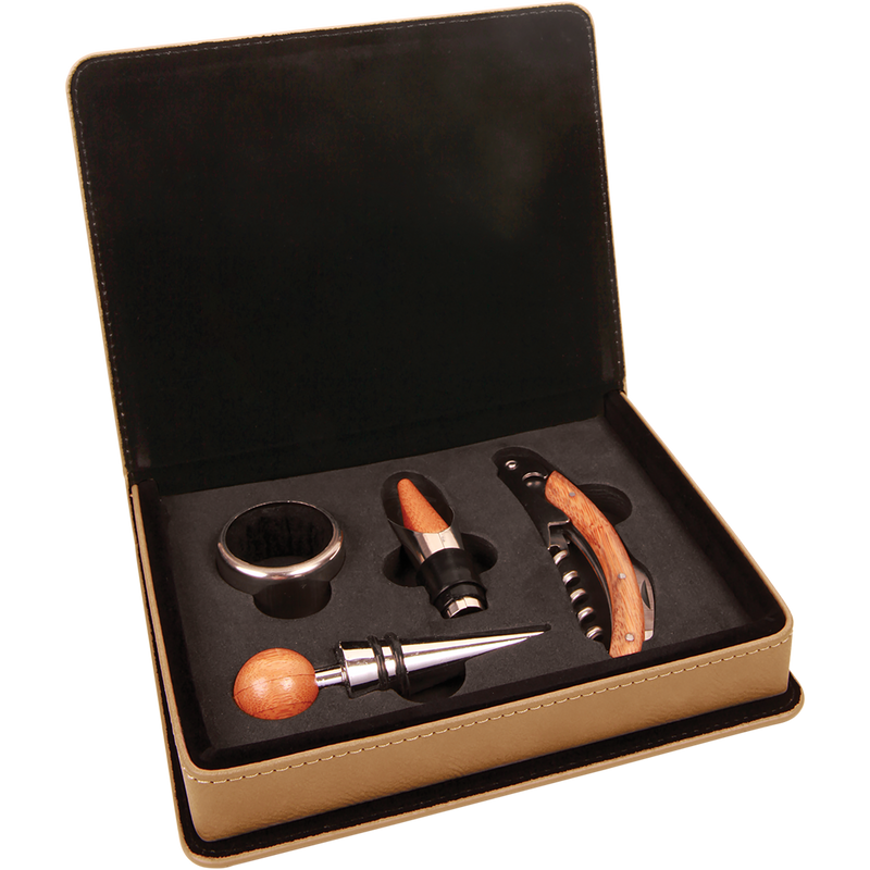 Light Brown Leatherette 4-Piece Wine Tool Set