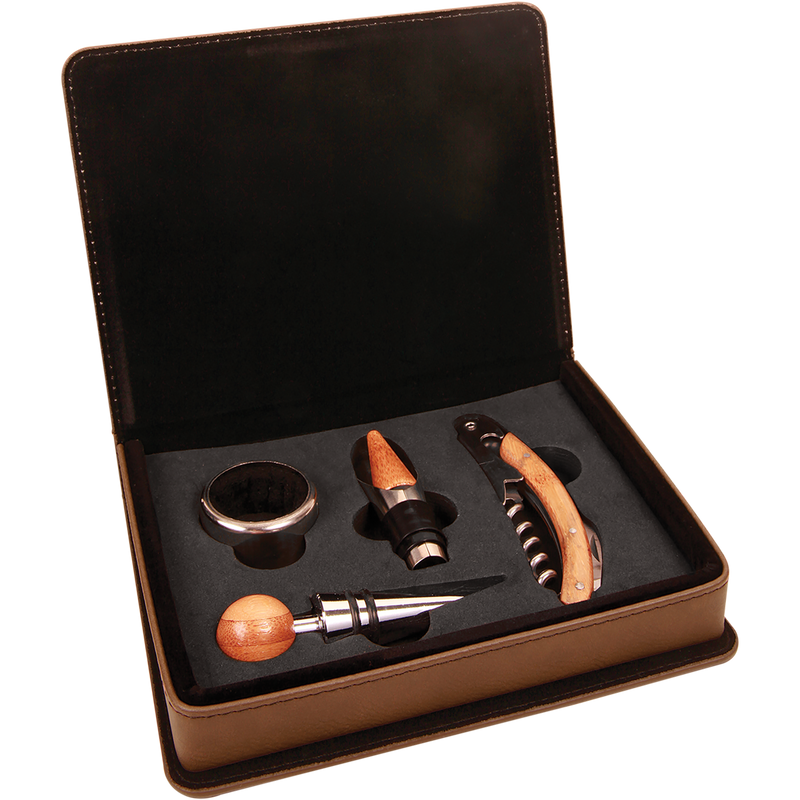 Dark Brown Leatherette 4-Piece Wine Tool Set