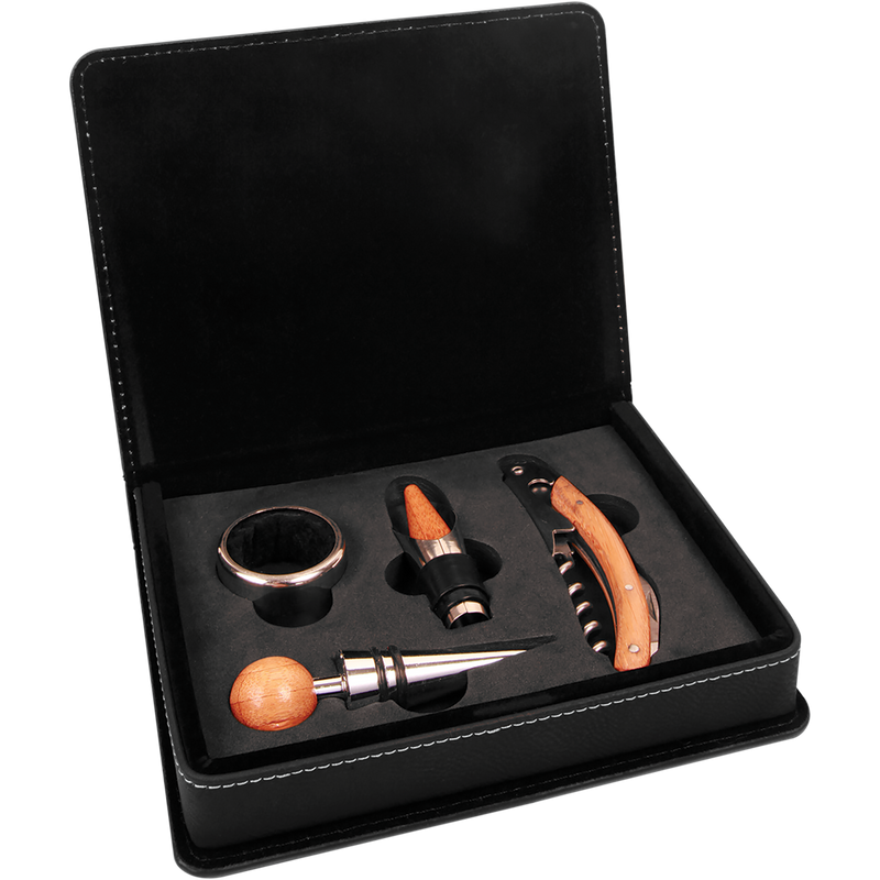 Black & Gold Leatherette 4-Piece Wine Tool Set