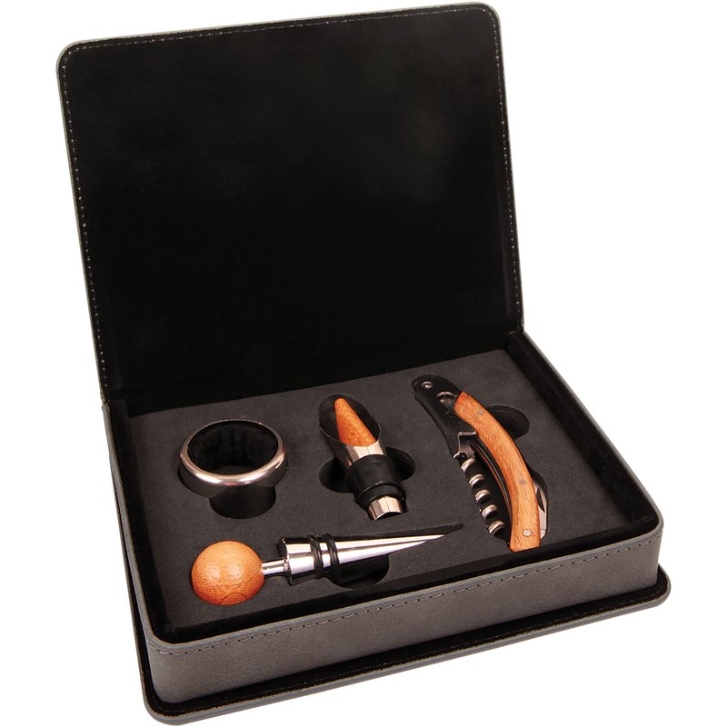 Gray Leatherette 4-Piece Wine Tool Set