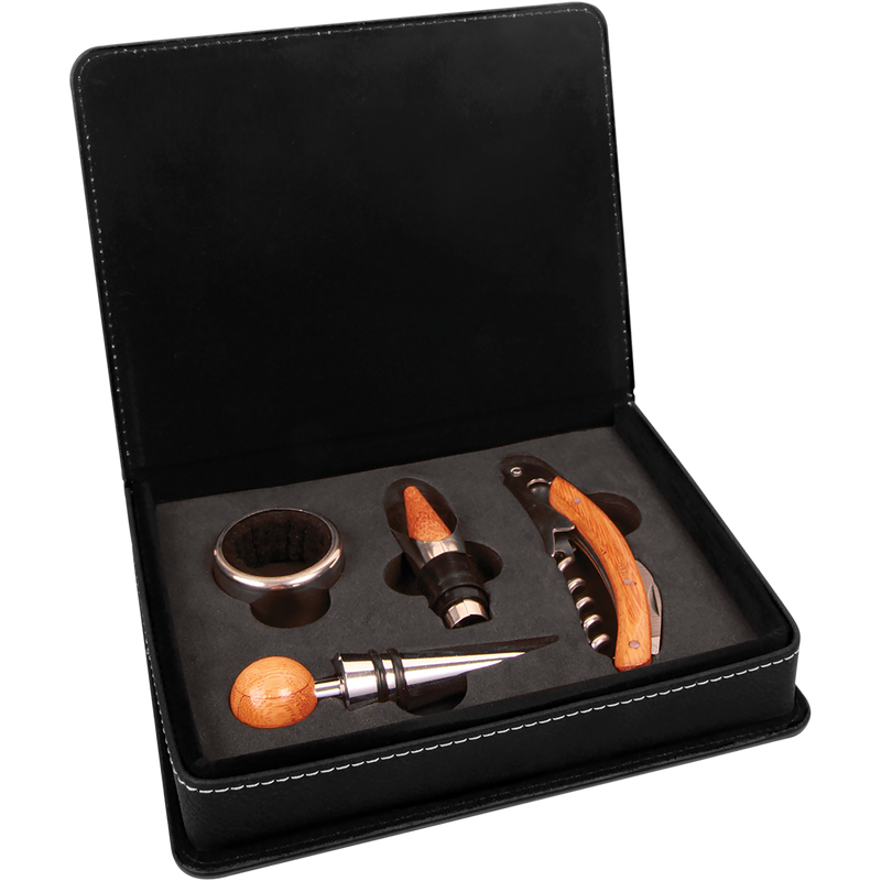 Black & Silver Leatherette 4-Piece Wine Tool Set