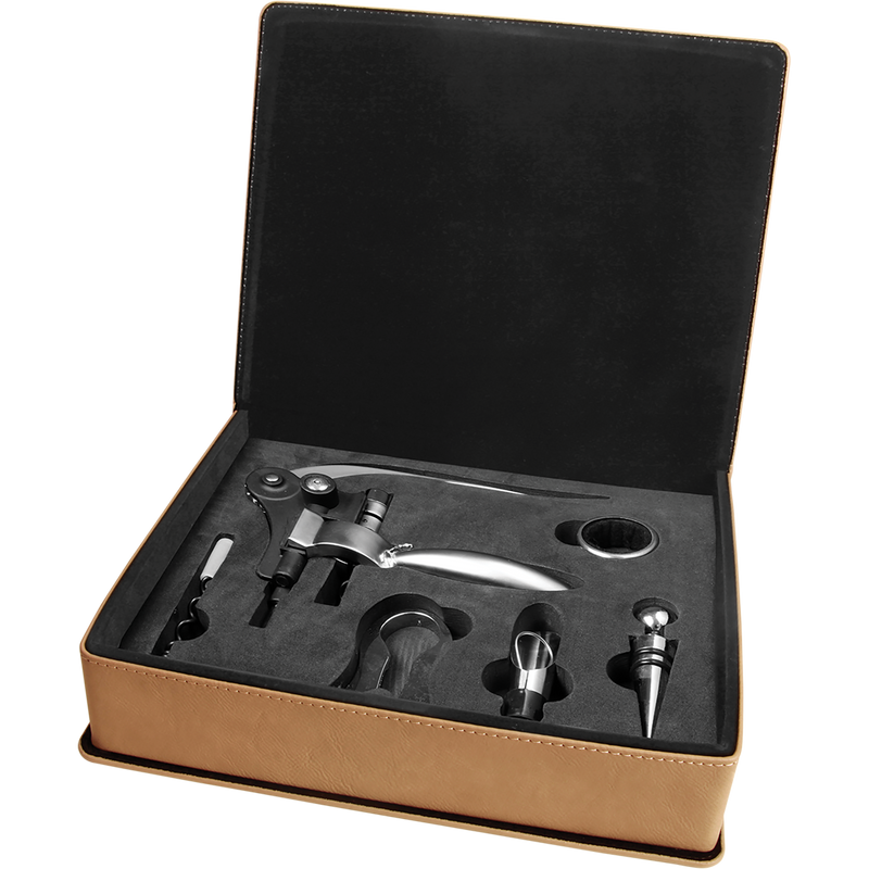 Light Brown Leatherette 5-Piece Wine Tool Set