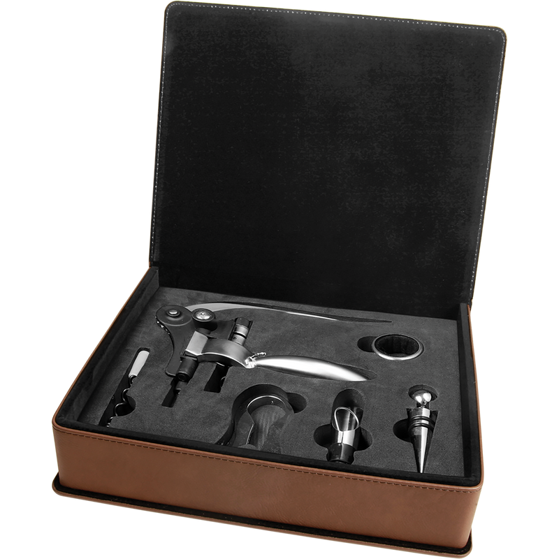 Dark Brown Leatherette 5-Piece Wine Tool Set