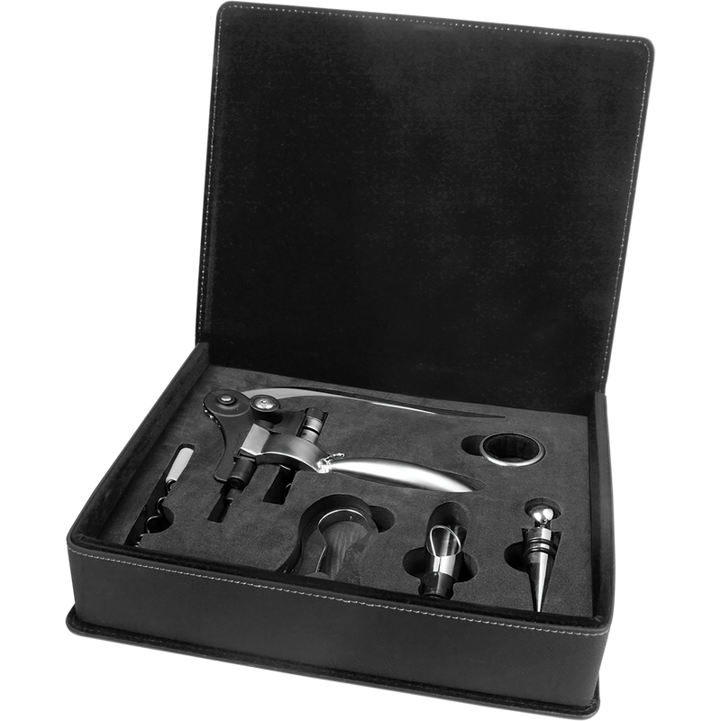 Black & Gold Leatherette 5-Piece Wine Tool Set
