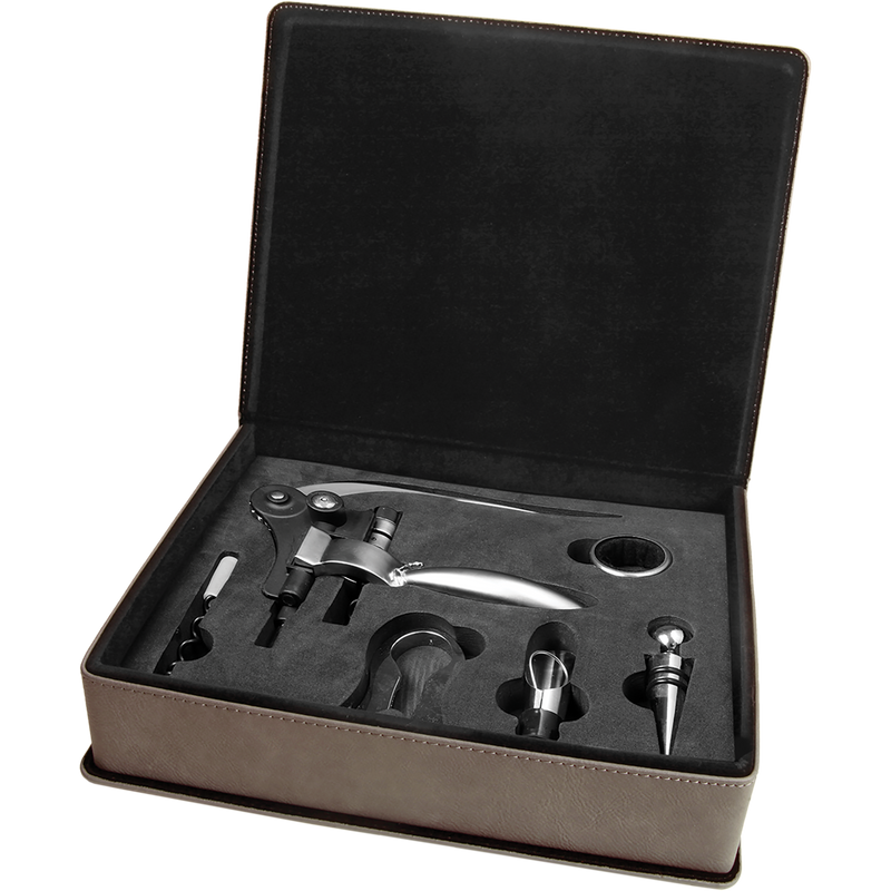 Gray Leatherette 5-Piece Wine Tool Set