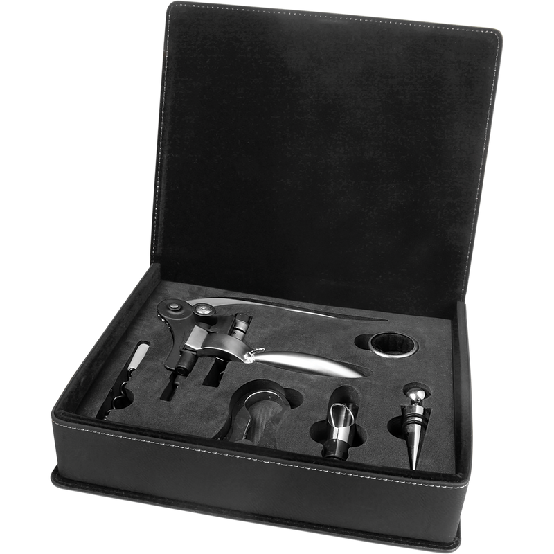Black & Silver Leatherette 5-Piece Wine Tool Set